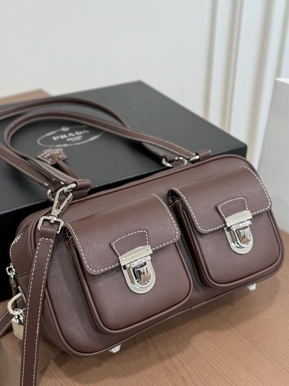 Brown Leather Double Flap Pocket Bowling Bag Adjustable Strap